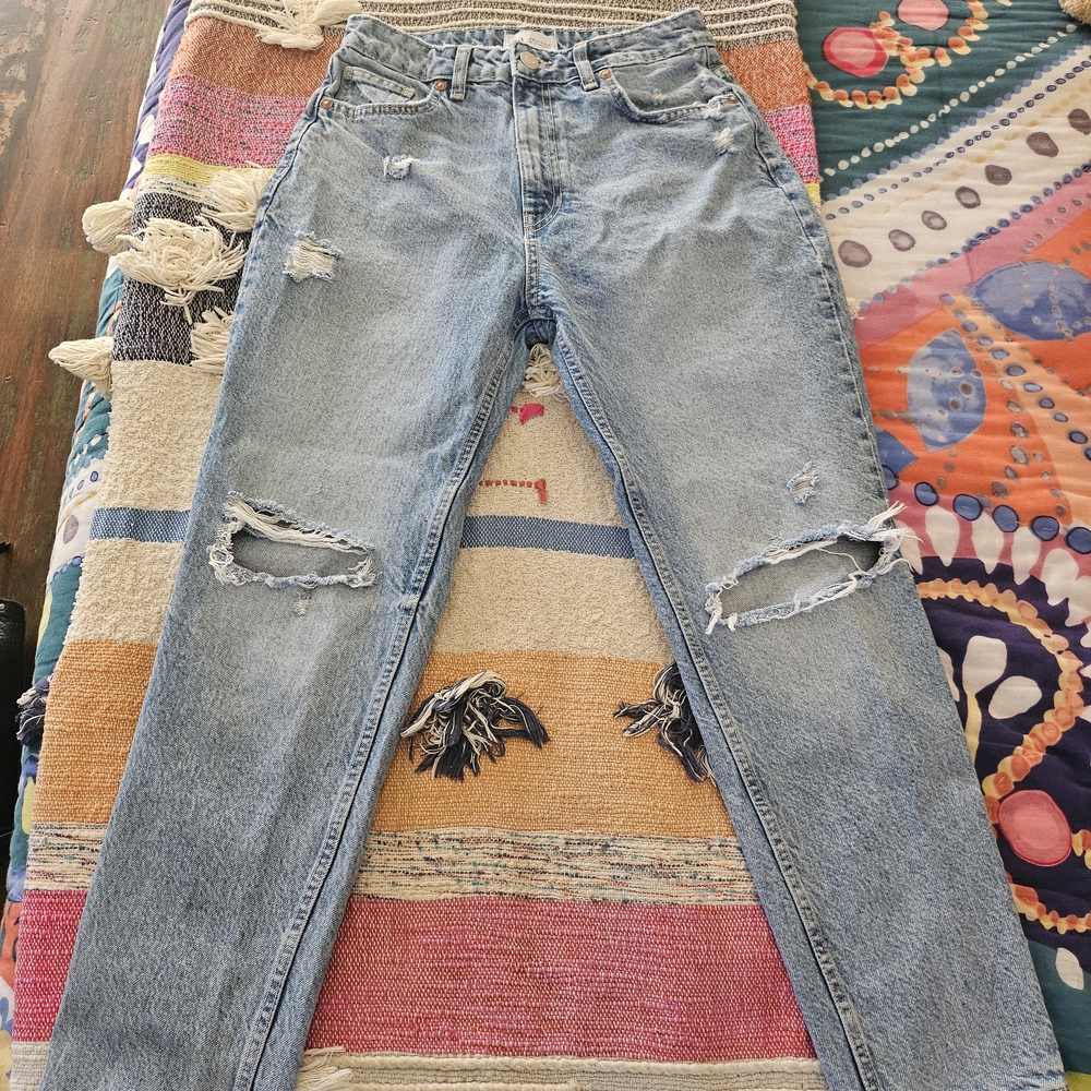 Zara Light Blue Distressed Straight Leg Jeans
